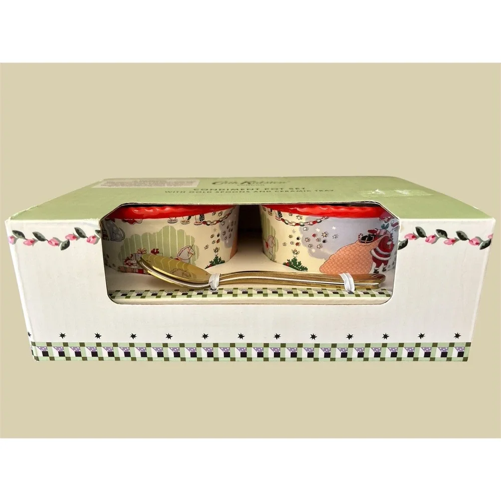 Cath Kidston‎ Christmas Condiment Pot Set Gold Spoons Ceramic Tray NIB